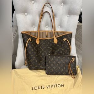 Louis Vuitton Monogram Neverfull MM Tote Bag  and envelope wallet.